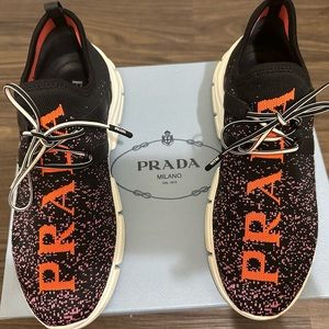 PRADA Calzature Donna stretch-knit sneakers with logo embroidery. Size 8